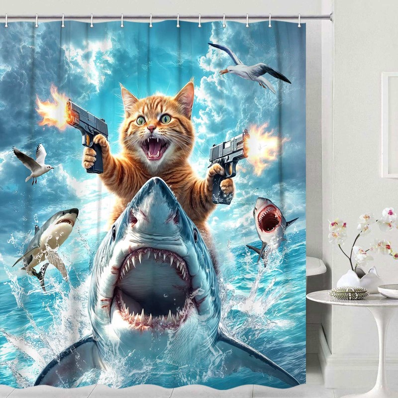 Funny Cat Shower Curtain for Kids, Cute Kitten Riding Shark