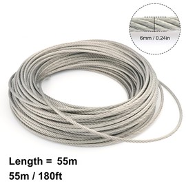 180Ft 1/4 Stainless Steel Cable, 7X19 Steel Wire Rope, 304 Stainless Steel Wire Rope, Stainless Steel Wire Cable for Versatile Outdoor Applications, Corrosion-Resistant, by GENHAKON