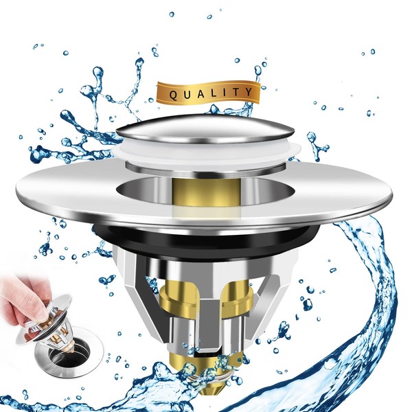 Universal Pop-Up Valve Sink Drain Plug Full Metal Plug with Anti Clogging Strainer and 2 Seals for Sink and Washbasin with Drain Hole Diameter 37-41 mm