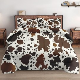 WeCozy Full Size Comforter Set with 2 Pillowcases, Vintage Cow Brown Cowhide Animal Soft 3 Pcs Bedding for Kids and Adults Bedroom Bed Decor