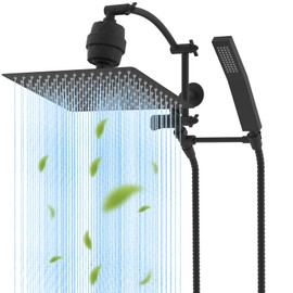 Hibbent All Metal 12'' Filtered Rainfall Shower Head with Handheld Combo, High Pressure Shower Wand, 16'' Adjustable Extension Arm, 20 Stage Shower Filter, 71'' Hose, Shower Holder, Matte Black