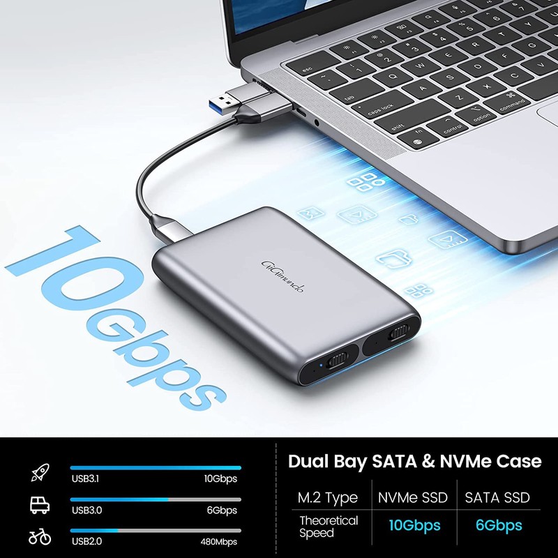 GiGimundo Dual-Bay M.2 NVME SATA SSD Enclosure, Tool Free M.2