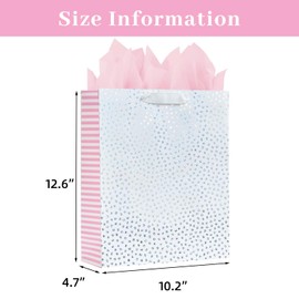 LEAYUGF 13" Large Pink Birthday Gift Bags with Tissue Paper Silver Polka Dot For Christmas Birthday Wedding Anniversaries Supplies with Handles