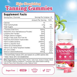 2 Pack Tanning Gummies for Women, Daily Tanning Supplement Melanin Tan Gummy Chew with Astaxanthin Vitamin Beta Carotene Work Fast Without Sun for Men, Vegan Sugar Free,Strawberry Flavor,120 Count
