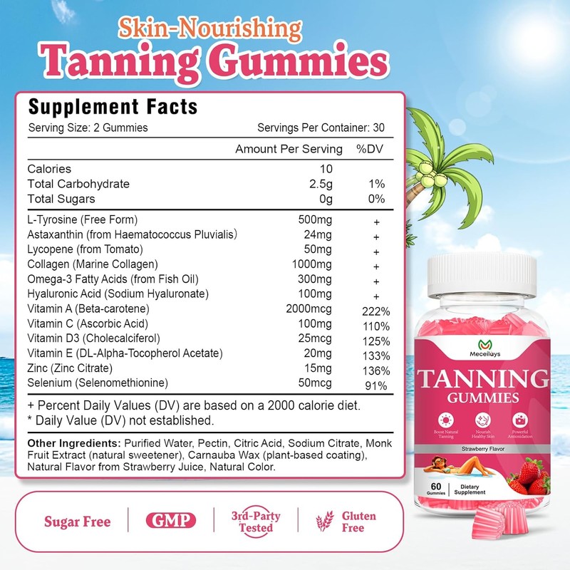 2 Pack Tanning Gummies for Women, Daily Tanning Supplement Melanin