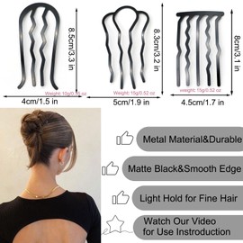 6 PCS Metal Hair Side Combs Hair Pin Hair Fork Clip Teeth Stick for Updo Bun, U Shape Hair Accessories for Vintage Hairstyle, Matte Black for Fine Hair