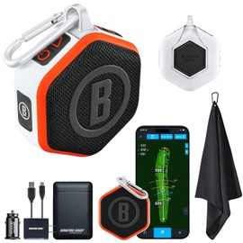Bushnell Golf Wingman Mini GPS Speaker (Orange/White) | Magnetic Mount, Music & Audible Distances for 38,000+ Courses, Carabiner Clip, Waterproof, 36-Hole Battery, with Signature Series Power Bundle