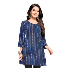 Shiv Textiles Kurti - Vestido corto de tela de rayón con cuello redondo, estampado de tela de rayón para mujer, Azul marino, S