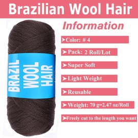 COOKOO 2 Roll Brazilian Wool Hair Acrylic Yarn for Hair Crochet African Braids Sengalese Twisting Box Braids Faux Locs Jumbo Braids Synthetic Hair Extension 70G/Roll(4#)