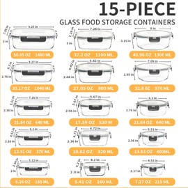 Skroam 15 Pack Glass Food Storage Containers with Lids Airtight, Glass Meal Prep Containers, Lunch Containers with Lids for Microwave, Oven, Freezer and Dishwasher Safe
