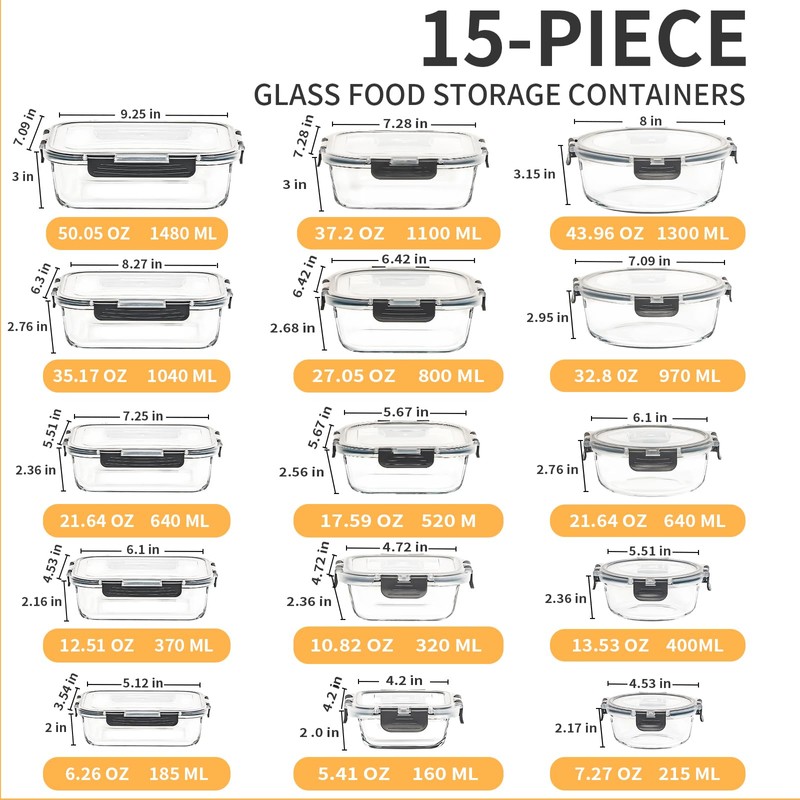 Skroam 15 Pack Glass Food Storage Containers with Lids Airtight,