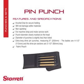 Starrett SB248Z Extended Length Brass Drive Pin Punch 4-Piece Set, 3/16"-3/8" Pin Diameters, 8" Overall Length, 3-1/2" Pin Length, In Fabric Pouch