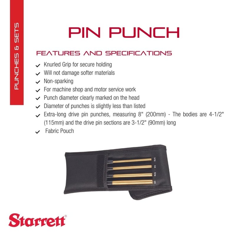 Starrett SB248Z Extended Length Brass Drive Pin Punch 4-Piece Set,