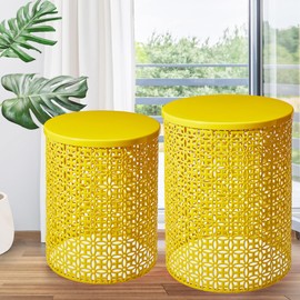 Glitzhome Metal Side Table Set of 2, 19.25" H Glossy Yellow Round End Table, Modern Accent Table, Planter Stand, Bedside Table, Couch Side Table, Nightstand for Living Room Bedroom Couch
