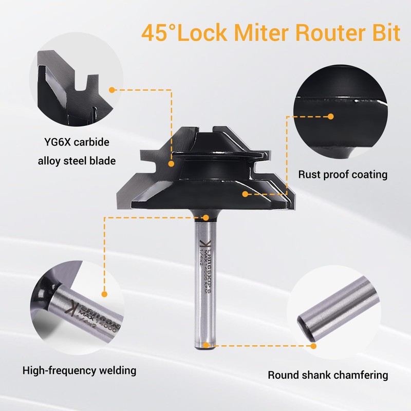 45 Degree Lock Miter Router Bit 3-Piece Set, for 1/2”,