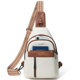LATMAP 7L Sling Bag For Women Men Backpack Fanny Pack Crossbody Chest Travel Shoulder Belt Bags Purse Handbag PU Leather Beige