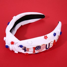 4th of July Headband for Women American Flag Headbands Rhinestone Crystal Jeweled Knotted Wide Top Headband Red White Blue Patriotic Headband USA Hairband Hair Accessories Party Favors (White, L)