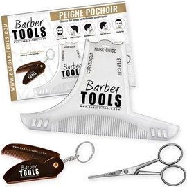 Beard Cutting Set | Accessories for Beard & Barber Moustache, Contour Marking Comb + Beard Scissors + Folding Keychain Comb