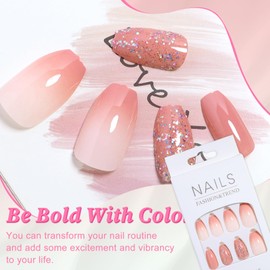 EternalClassic Coffin Press On Nails Medium Nude Pink Ombre Fake Nails Press ons, Gradient Press on Nails Medium Coffin Acrylic False Nails, 24PCS Glue On Nails Glitter Stick On Nails