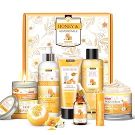 Regalos para mujeres, regalos de cumpleaños para mujeres, set de regalos de 9 piezas de leche de almendra y miel para baño y cuerpo, cesta de regalos de spa de autocuidado, set de baño relajante para