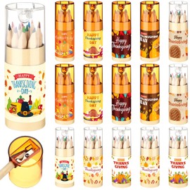 Fumete 15 Pack Thanksgiving Gift for Kids Mini Colored Pencils with Sharpener Bulk Cute Drawing Pencils with Storage Tube Cartoon Portable Pencils for School Classroom Fall Thanksgiving Party Favor