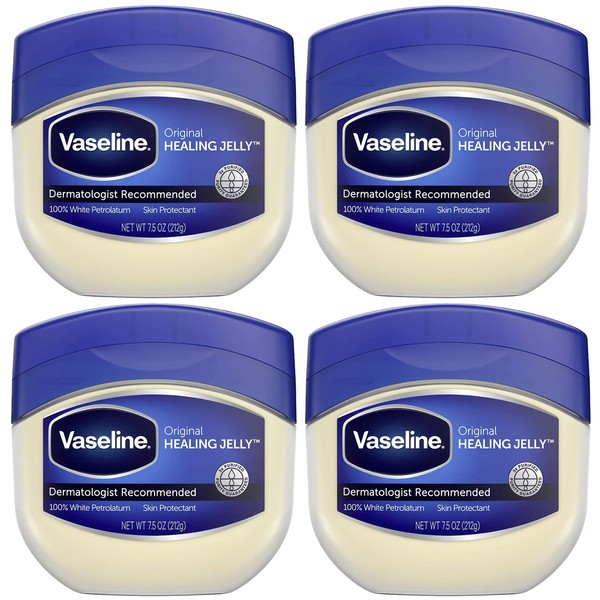 Vaseline Petroleum Jelly, Dermatologist Recommended, Original, 100% White Petrolatum, Deep Moisturizer, Relieves Dull, Dry Skin, Soothing & Gentle, 4 Jars - 7.5 oz Each