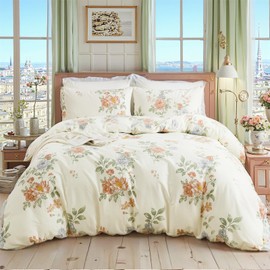 Cozaline 100% Nature Cotton Duvet Cover King Size - Reversible Botanical Floral Duvet Cover Set with Zipper Closure, 3 Pieces Soft & Breathable Vintage Bedding Set for All Seasons