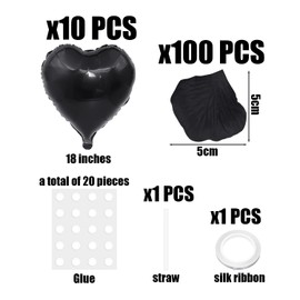 Pack of 10 Black Heart Shaped Balloons, 100 Pieces Artificial Petals, 1 Roll of Ribbon, 1 Piece Straw, 20 Pieces Glue, Party Balloons, Heart Shaped Decorative Balloons