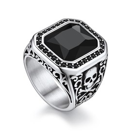 Bandmax Mens Retro Style Biker Rings Stainless Steel Black Onyx Signet Ring Chunky Skull Crossbone Statement Ring Cocktail Ring Pirate Ring Gothic Punk Ring for Men Size 10