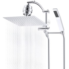 Hibbent All Metal 12'' Filtered Rainfall Shower Head with Handheld Combo, High Pressure Shower Wand, 16'' Adjustable Arc Extension Arm, 20 Stage Shower Filter, 71'' Hose, 2 Shower Head Holders, Chrome