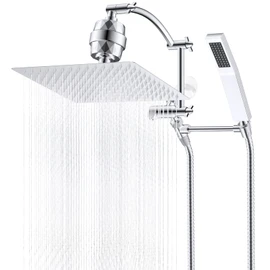Hibbent All Metal 12'' Filtered Rainfall Shower Head with Handheld Combo, High Pressure Shower Wand, 16'' Adjustable Arc Extension Arm, 20 Stage Shower Filter, 71'' Hose, 2 Shower Head Holders, Chrome