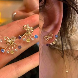 Aneneiceera Vintage Rainbow Crystal Ear Jacket Earrings Gold Ribbon Bow Stud Earrings Tiny Filigree Bowknot Earrings Colorful Crystal Floating Earrings Jewelry for Women