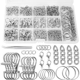 1130 Piezas Kit para Hacer Llaveros, Llaveros DIY, Incluye Llaveros, Cierres de Mosquetón Metálicos, Ganchos Giratorios y Cadenas Retráctiles; Ideal para Crear Accesorios Hechos A mano (Plata)