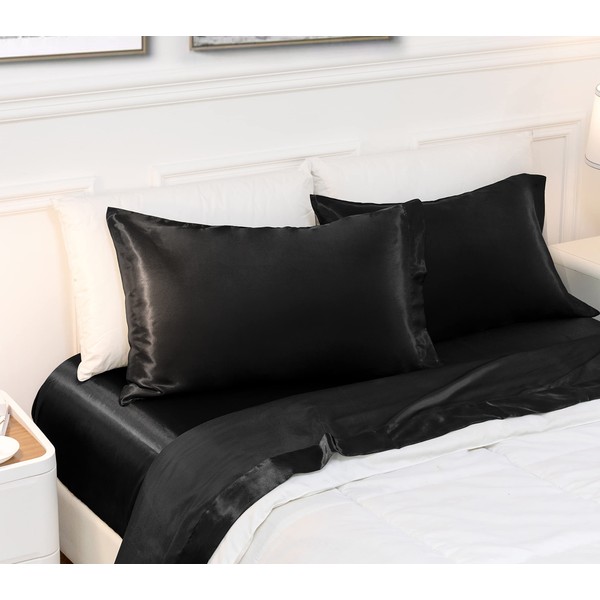 Vonty 2Pcs King Satin Pillowcases - 20x40 Pillow Cases, Black
