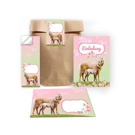 Junapack 12 Invitation Cards for Children's Birthday Parties Girls Horse with Unicorn with 12 Envelopes, 12 Bags, Natural, 12 Stickers