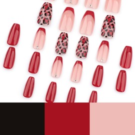 French Tip Press on Nails Medium Coffin False Fake Nails Simple with Nude Red Leopard Full Cove Thick Glossy Acrylic Glue on Nails Stick on Nail for Women 24Pcs JP3528