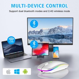 AooKoNi Wireless Bluetooth Mouse, Rechargeable USB Optical Mouse, LED Slim Dual Mode(Bluetooth 5.2 and 2.4G) Wireless Mouse for Laptop, PC, Mac OS, Android, Windows (Type C Charging Port, Silver)