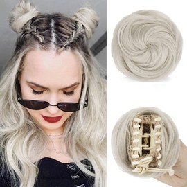 SOFEIYAN 2PCS Mini Claw Clip in Hair Bun Messy Cat Ears Hair Bun Extension Synthetic Donut Wig Accessory Updo Space Bun Hair Pieces for Women Girls, Grey