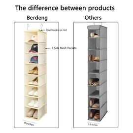 Berdeng Hanging Shoe Organizer for Closet with Side Mesh Pockets，Hat Racks for Baseball Caps，Shoe and Hat Holder & Storage，8-Shelf，Beige，2 Pack