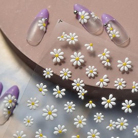 Daisy Nail Art Stickers White Flower Nail Stickers for Nail Art 5D Embossed Jelly Sliders Decals White Manicure Sliders Self-Adhesive Summer Floral Petals Glue Sticker for Nail Decoration DIY 1 Sheets