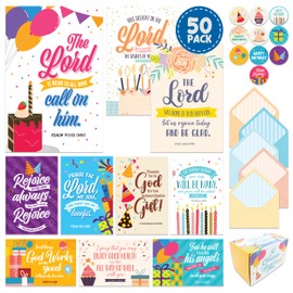 Decorably 50 Pack 4x6in Christian Birthday Cards Bulk Christian with Envelopes and Stickers, 10 Vibrant Designs Religious Birthday Cards Bulk, with Printed Message Inside