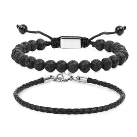 CARITATE Black Lava Rock Bracelets for Men Women - Mens Bracelet Beads 6mm Lava Stone Leather Bracelet Set Mens Jewelry - Cool Anniversary Valentines Fathers Birthday Gifts for Him Boyfriend Husband