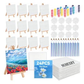 Nuhexry 24 Lienzo Para Pintar Y 12 Caballetes Para Pintar, Mini Kit De Pintura Al Óleo, Pinceles, Paletas Y Pinturas, Blancos Algodón Bastidores Para Pintar Pare Casa,escuela,fiesta De Artística