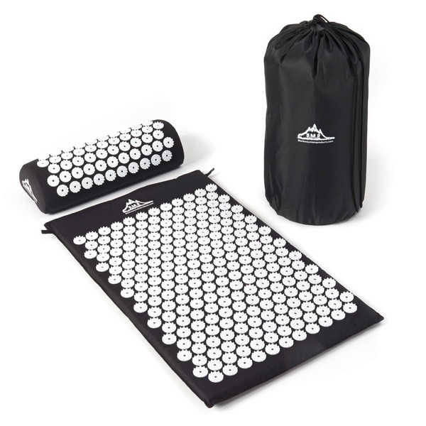 Black Mountain Products Acupressure Mat with Pillow & Carrying Bag - Acupressure Mat for Trigger Pt. Massage Therapy, Black