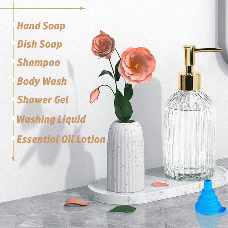 14 Oz Stripe Clear Glass Soap Dispenser with Gold Plastic