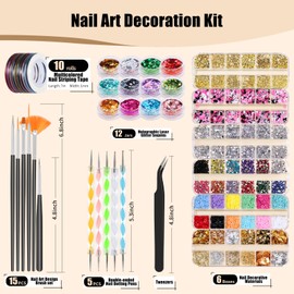 49 in 1 Professional Nail Art Kit, Brushes Dotting Pens with Striping Tape, Rhinestones, 3D Flower, Metallic Foil Flakes, Metal Studs, Butterfly Stickers, Holographic Glitter Sequins (Black-1)