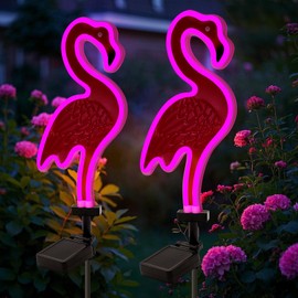ANGMLN Solar Flamingo Pink Neon Light - 2Pack 42 inch Metal Garden Stake Lights, Christmas Flamingo Gifts for Women Path Lighting for Yard Lawn Patio Walkway Decor
