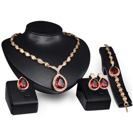 FUNOJOY Costume Red Crystal Jewelry Sets for Women Wedding Bridal Gold Plated Statement Necklace Earrings Set Prom Jewelry for Mother's Day Gift