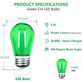 GUILEDUO 15 Pack S14 LED String Light Bulbs, Shatterproof 2 Watt Green Replacement Bulbs for Outdoor String Light, Waterproof Decorative E26 Base Green Filament Edison Christmas Light Bulbs