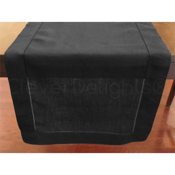CleverDelights Black Linen Hemstitched Table Runner - 16" x 72"